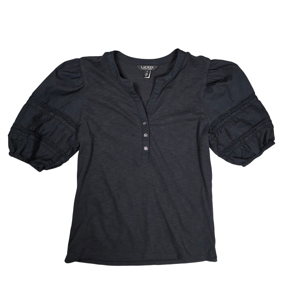 Lauren Ralph Lauren Eyelet Puff Sleeve Henley Top M Black GOOD Cottagecore